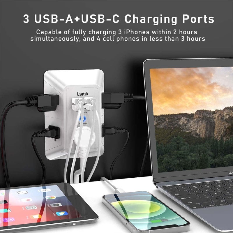 Lvetek USB Wall Charger， Surge Protector 5 Outlet Extender with 4 USB Ports (1 USB C Outlet) 3 Sided 1680J Power Strip Multi Plug Outlets Wall Adapter Spaced for Home Travel Office ETL Listed - Image 2