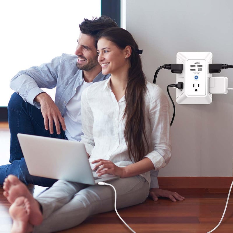 Lvetek USB Wall Charger， Surge Protector 5 Outlet Extender with 4 USB Ports (1 USB C Outlet) 3 Sided 1680J Power Strip Multi Plug Outlets Wall Adapter Spaced for Home Travel Office ETL Listed - Image 3