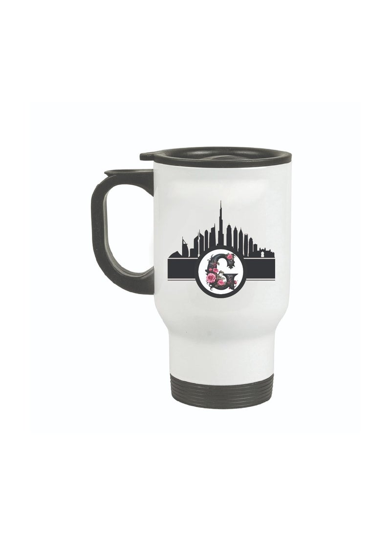 Initial Monogram Travel Mug with Dubai Skyline Design - Travel-Friendly - Monogram Gift - Perfect for Coffee and Tea - Dubai Skyline Travel Mug - Image 1