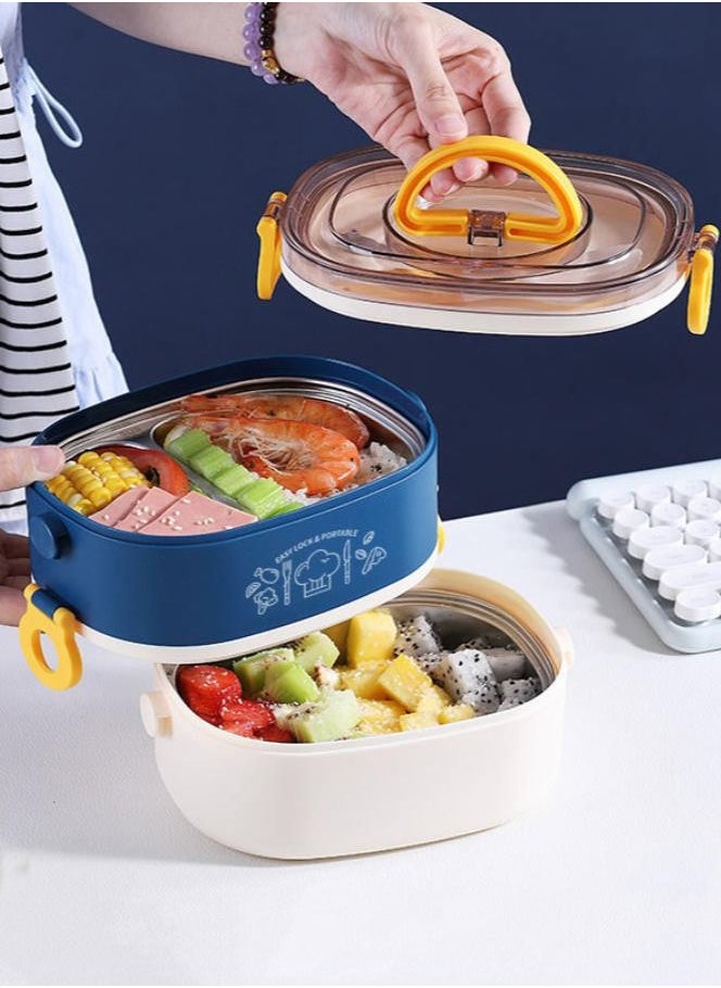 XiuWoo - 304 Stainless Steel Double-Decker Lunch Box Cutlery Bento Box Portable-Blue And White - Image 1
