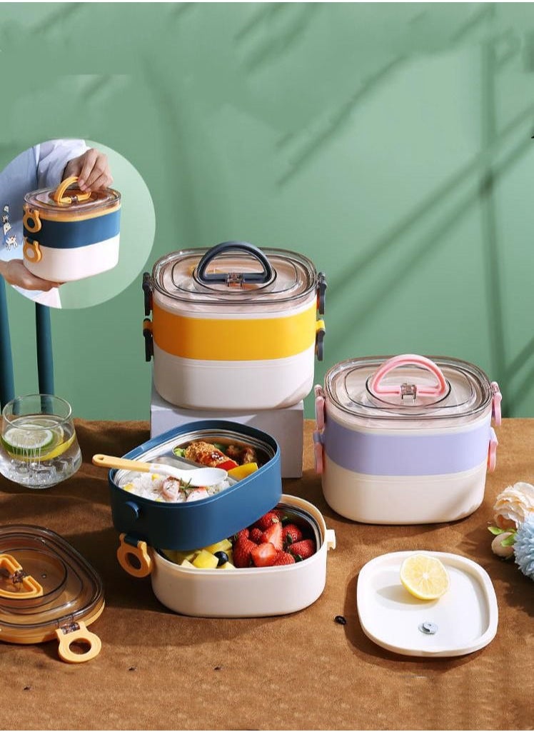XiuWoo - 304 Stainless Steel Double-Decker Lunch Box Cutlery Bento Box Portable-Blue And White - Image 1