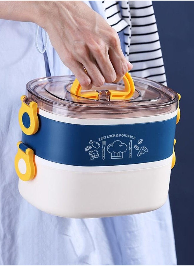 XiuWoo - 304 Stainless Steel Double-Decker Lunch Box Cutlery Bento Box Portable-Blue And White - Image 1