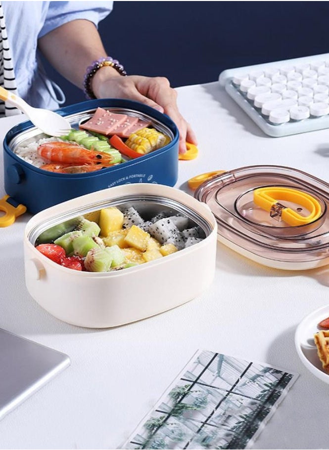 XiuWoo - 304 Stainless Steel Double-Decker Lunch Box Cutlery Bento Box Portable-Blue And White - Image 1
