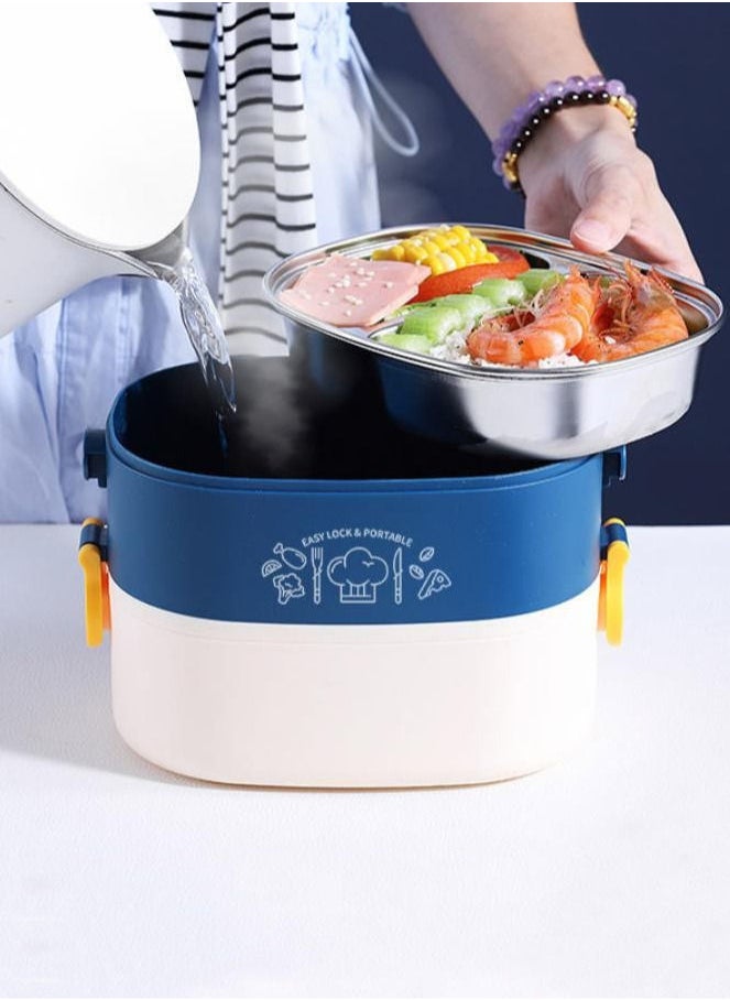XiuWoo - 304 Stainless Steel Double-Decker Lunch Box Cutlery Bento Box Portable-Blue And White - Image 1