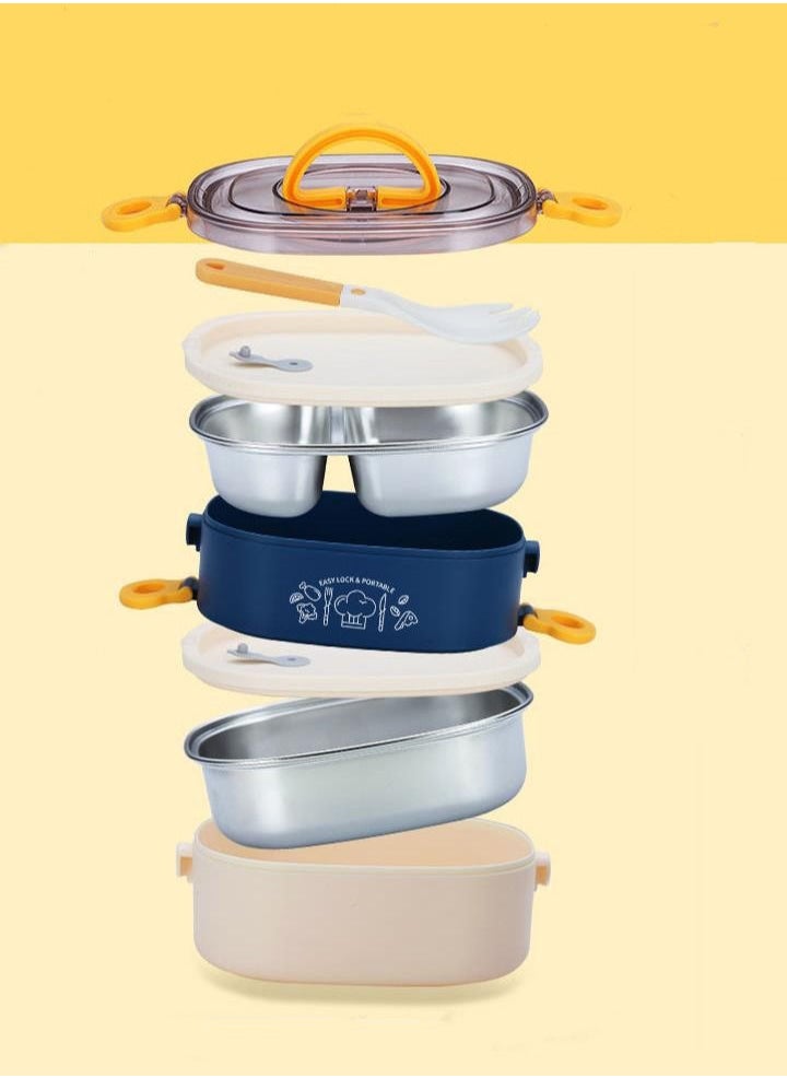 XiuWoo - 304 Stainless Steel Double-Decker Lunch Box Cutlery Bento Box Portable-Blue And White - Image 1