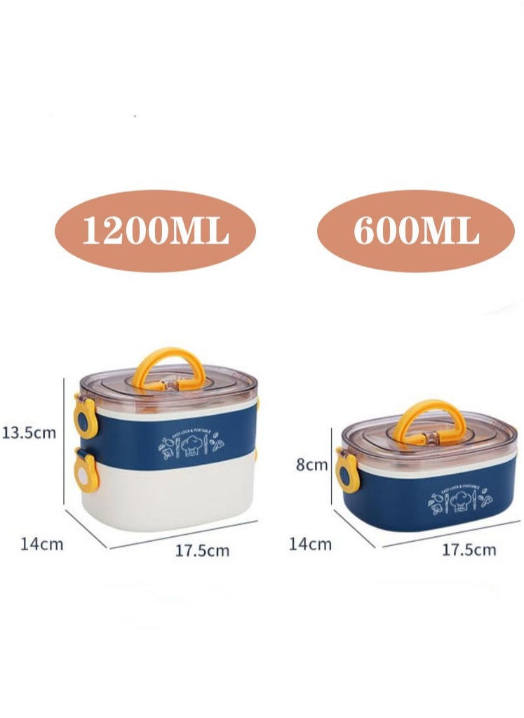 XiuWoo - 304 Stainless Steel Double-Decker Lunch Box Cutlery Bento Box Portable-Blue And White - Image 1