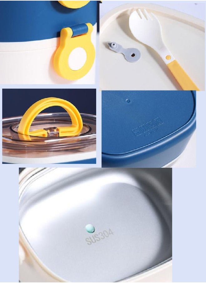 XiuWoo - 304 Stainless Steel Double-Decker Lunch Box Cutlery Bento Box Portable-Blue And White - Image 1