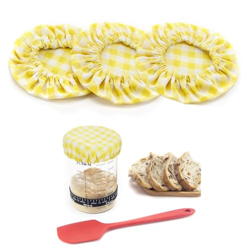 ZUAWAE Sourdough Jar Cover Reusable Sourdough Cloth Cover 3pc Handmade Cotton Cloth Covers for Sourdough Starter Jar Sourdough Bread Baking Supplies Fit Jars Mouth from 34 Inch Yellow Plaid - Image 1