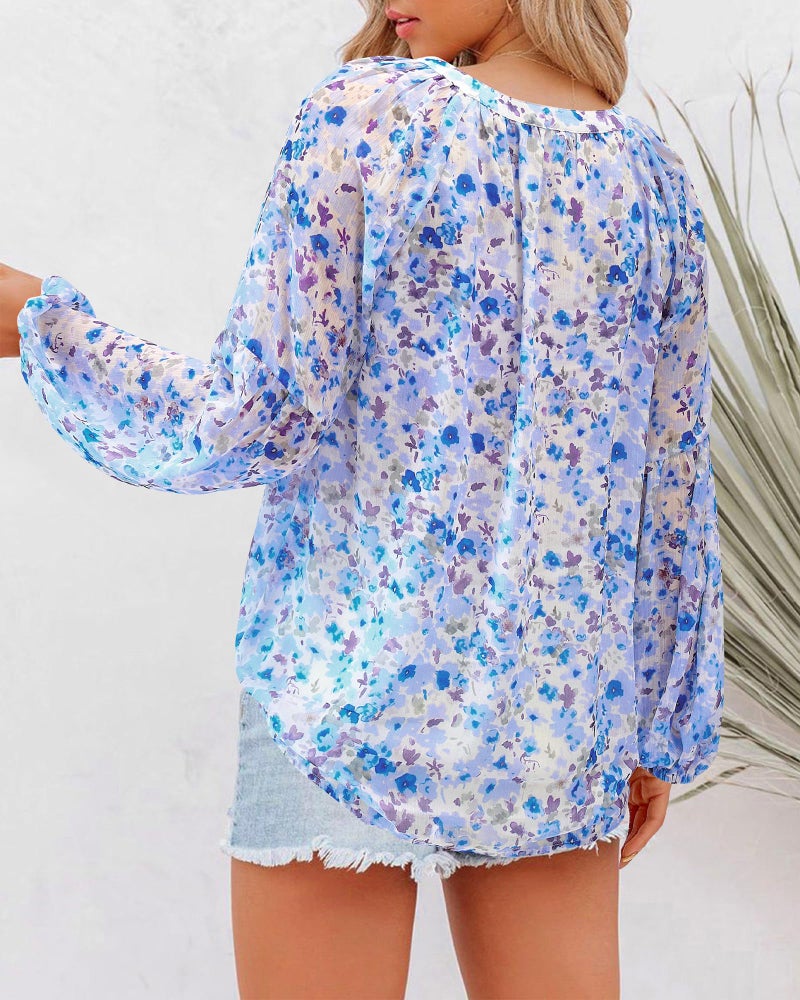 BTFBM Blouses for Women Dressy Casual Floral Summer Boho Tops V Neck Lightweight Long Sleeve Shirts Spring Clothes 2026(Floral Dark Blue, Medium) - Image 3