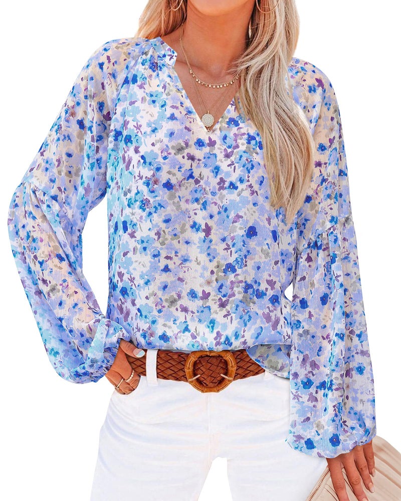 BTFBM Blouses for Women Dressy Casual Floral Summer Boho Tops V Neck Lightweight Long Sleeve Shirts Spring Clothes 2026(Floral Dark Blue, Medium) - Image 1