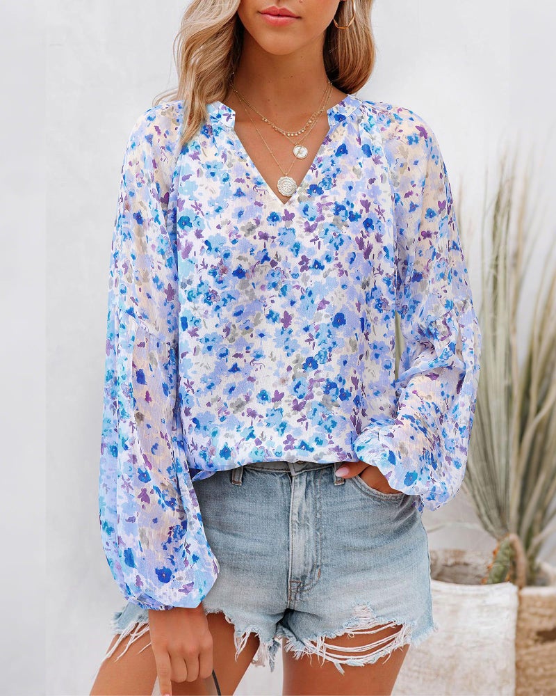 BTFBM Blouses for Women Dressy Casual Floral Summer Boho Tops V Neck Lightweight Long Sleeve Shirts Spring Clothes 2026(Floral Dark Blue, Medium) - Image 2