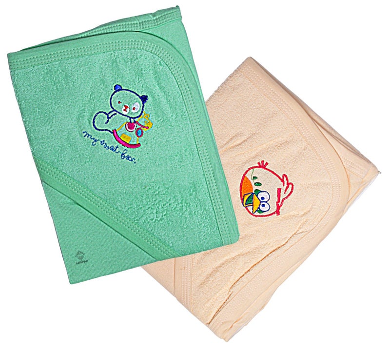 Sathiyas Akash 100% Cotton Embroidered Baby Towels - Pack of 2 (Green || Orange) - Image 5