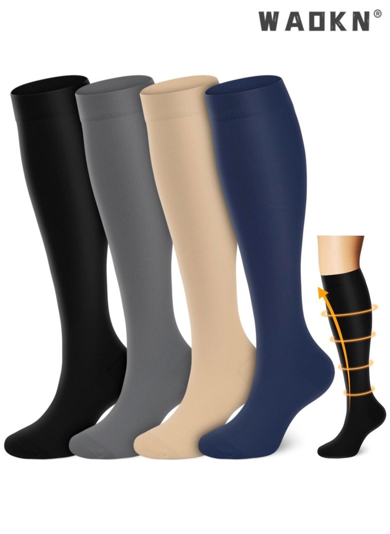 WAOKN Compression Socks, 4 Pairs for Women and Men, 20-30 mmHg is Best for Athletic, Travel, Running, Fitness, Reduce Calf Pain Faster Recovery(4 Colors) L/XL ,Long Football Socks Grip Socks  - Image 1