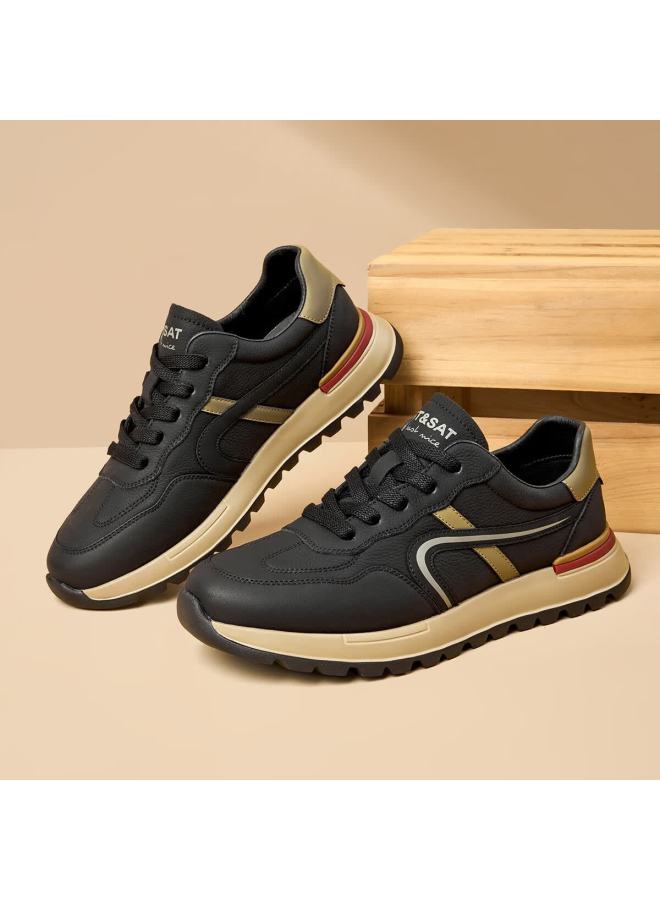 St&sat Men's First Layer Cowhide Breathable White Sneakers Lightweight Sports Casual Shoes Black Apricot Size 38 - Image 4