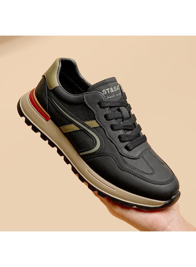 St&sat Men's First Layer Cowhide Breathable White Sneakers Lightweight Sports Casual Shoes Black Apricot Size 38 - Image 1