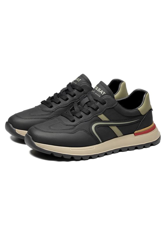 St&sat Men's First Layer Cowhide Breathable White Sneakers Lightweight Sports Casual Shoes Black Apricot Size 38 - Image 5