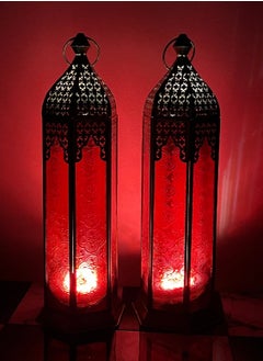 سوق ديزاينز سوق ديزاينز فانوس رمضان فانوس عربي - حامل شموع معدني لتزيين الطاولة، ديكور منزلي، فوانيس للفوانيس الداخلية والخارجية (ذهبي أحمر منقوش)  - Image 2