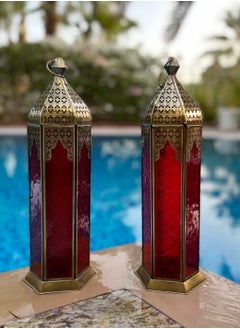 سوق ديزاينز سوق ديزاينز فانوس رمضان فانوس عربي - حامل شموع معدني لتزيين الطاولة، ديكور منزلي، فوانيس للفوانيس الداخلية والخارجية (ذهبي أحمر منقوش)  - Image 5