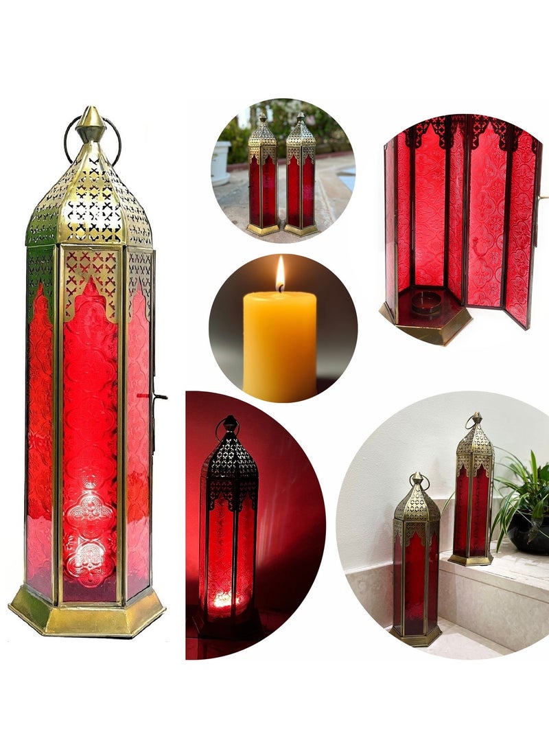 Souq DESIGNS Fanoos Lantern – Large Metal Candle Holder for Ramadan Majlis, Lanterns for Decor Indoor & Outdoor, Traditional Home Decoration Lighting Red Color Glass Candle Lantern (1 pc) - Image 2