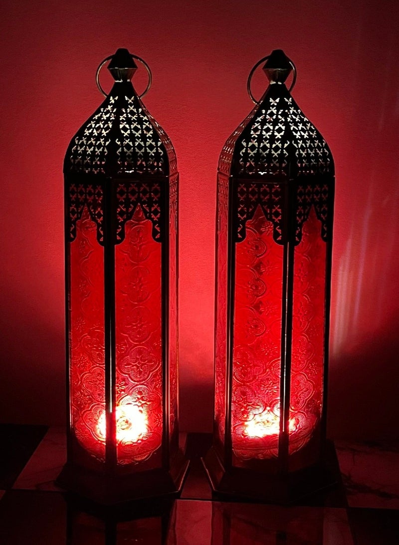 Souq DESIGNS Fanoos Lantern – Large Metal Candle Holder for Ramadan Majlis, Lanterns for Decor Indoor & Outdoor, Traditional Home Decoration Lighting Red Color Glass Candle Lantern (1 pc) - Image 3