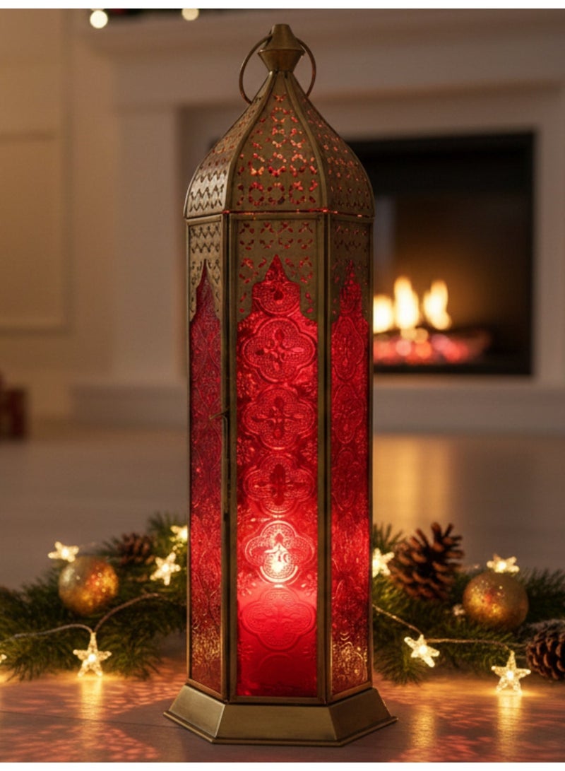 Souq DESIGNS Fanoos Lantern – Large Metal Candle Holder for Ramadan Majlis, Lanterns for Decor Indoor & Outdoor, Traditional Home Decoration Lighting Red Color Glass Candle Lantern (1 pc) - Image 1