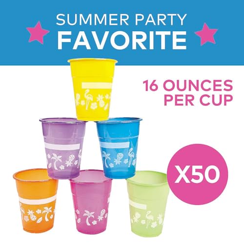 Fun Express Disposable Luau Cups (50 Cups) Bright Colors - Holds 16 oz - Image 4