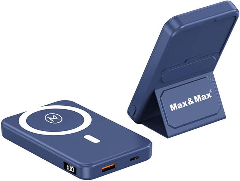 Max & Max 10000mAh Wireless Power Bank Fast Charger with Magnetic Alignment and Foldable Stand - Blue - Image 5