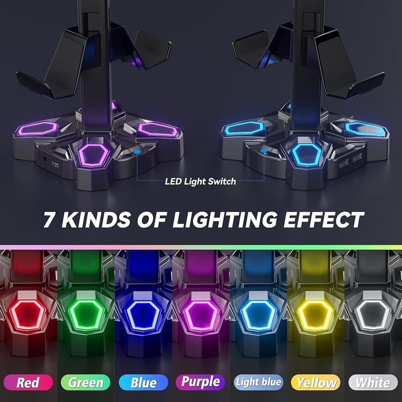 KDD Gaming RGB Headphones Stand, Rotatable Headset Stand with 9 Light Modes - Controller Holder with 2 USB Charging Ports and 3.5mm - Earphone Hanger Accessories for Desktop Gamer(Black) - Image 3