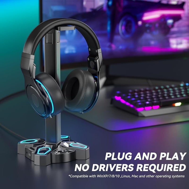 KDD Gaming RGB Headphones Stand, Rotatable Headset Stand with 9 Light Modes - Controller Holder with 2 USB Charging Ports and 3.5mm - Earphone Hanger Accessories for Desktop Gamer(Black) - Image 2