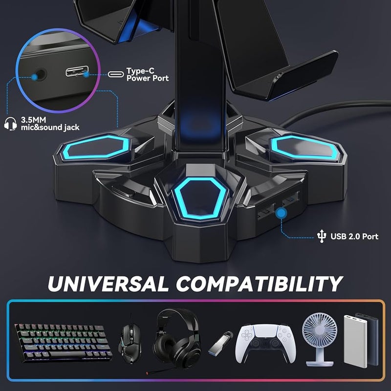 KDD Gaming RGB Headphones Stand, Rotatable Headset Stand with 9 Light Modes - Controller Holder with 2 USB Charging Ports and 3.5mm - Earphone Hanger Accessories for Desktop Gamer(Black) - Image 5