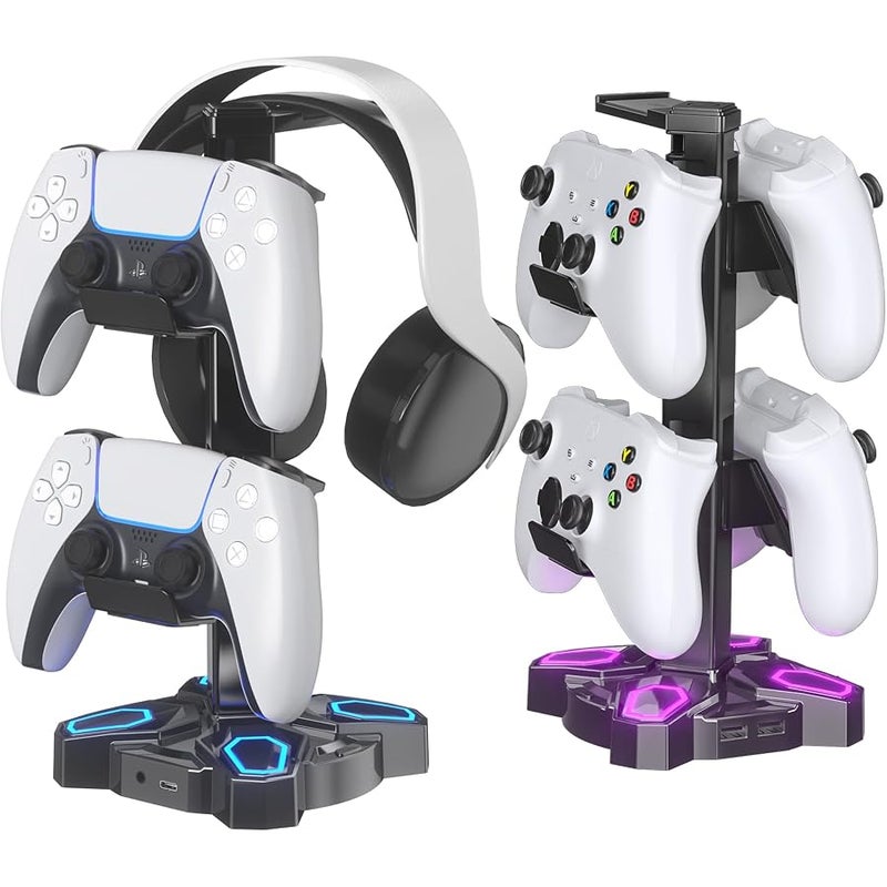KDD Gaming RGB Headphones Stand, Rotatable Headset Stand with 9 Light Modes - Controller Holder with 2 USB Charging Ports and 3.5mm - Earphone Hanger Accessories for Desktop Gamer(Black) - Image 1
