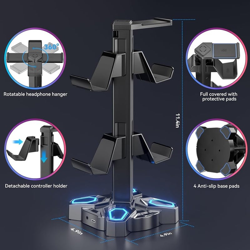 KDD Gaming RGB Headphones Stand, Rotatable Headset Stand with 9 Light Modes - Controller Holder with 2 USB Charging Ports and 3.5mm - Earphone Hanger Accessories for Desktop Gamer(Black) - Image 4