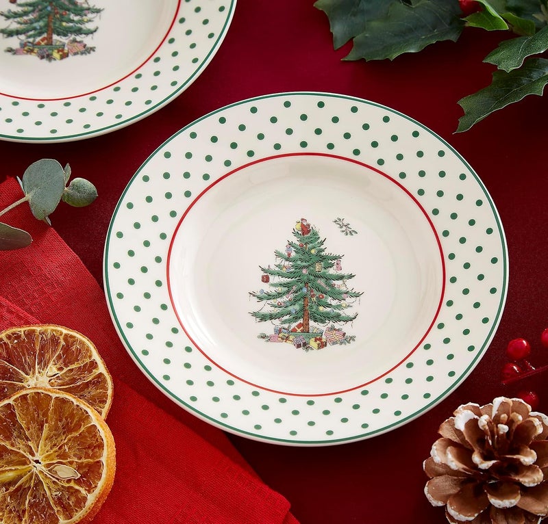 Spode طقم 4 أطباق تيدبيت دائرية بنقوش بولكا دوت من شجرة عيد الميلاد سبود 6 أطباق مقبلات مع حدود بولكا دوت احتفالية آمنة في غسالة الصحون والميكروويف والفريزر من البورسلين للترفيه في العطلات - Image 5