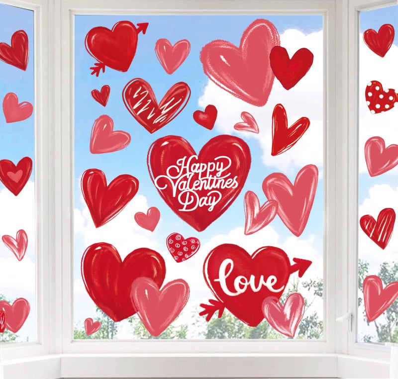 Whaline 9 Sheet Valentine's Day Window Clings Red Pink Love Heart Reusable Window Decals for Wedding Anniversary Home Office Classroom Window Decor - Image 1