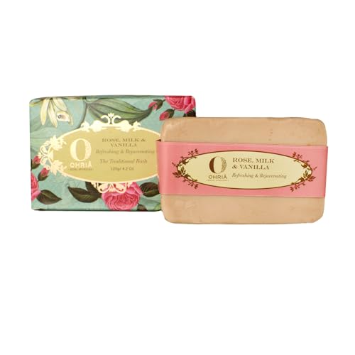 Ohria Ayurveda Rose, Milk & Vanilla Bathing Bar | Refreshing, Rejuvenating & Hydrating Cleanser | Enriched with Coconut Butter & Apricot Oil | Softens & Revitalizes Skin |All Skin Types | 120g - Image 1