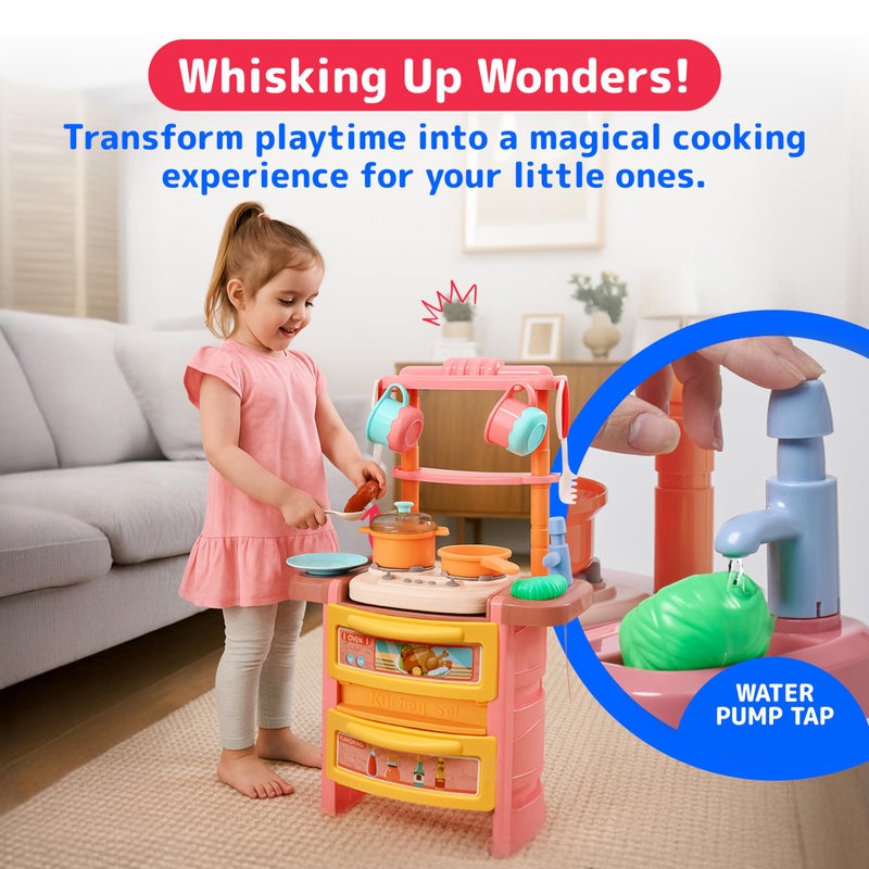 Prextex Plastic Pretend Girls Play Kitchen Set - Multi-Color Kitchen Playset with Dishwasher and Oven - Stove with Lights and Sounds - Working Faucet with Water Circulation - Image 4