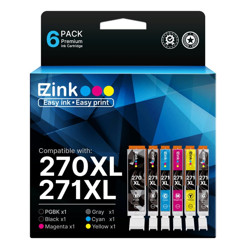 E-Z Ink 270 271 XL Ink Cartridges Compatible for Canon PGI-270XL CLI-271XL Combo Pack to use with Pixma MG7720 TS9020 TS8020 TS5020 TS6020 MG5720 MG5721 MG5722 MG6820 MG6821 MG6822 6 Color (PGBK,BK,C,M,Y,GY) - Image 1