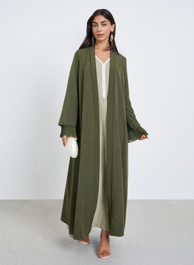 Amirah Olive Flared Sleeve Abaya with Plisse Detail - Image 1