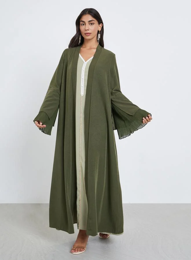 Amirah Amirah Olive Flared Sleeve Abaya with Plisse Detail