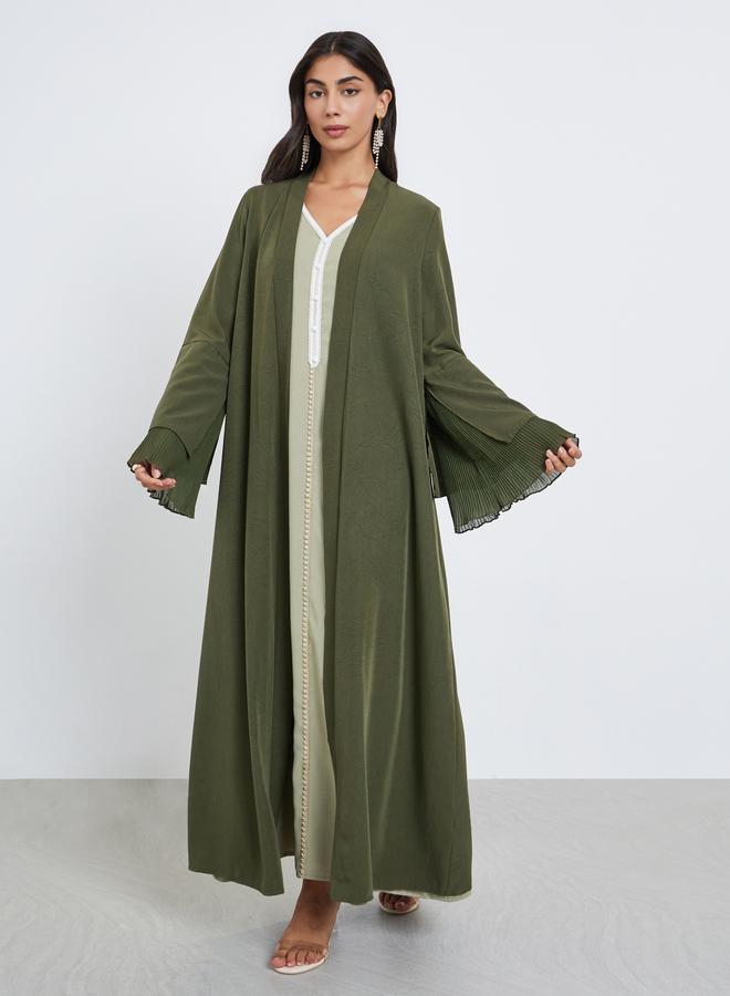 Amirah Olive Flared Sleeve Abaya with Plisse Detail - Image 2