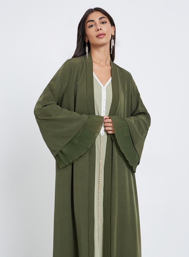 Amirah Olive Flared Sleeve Abaya with Plisse Detail - Image 3
