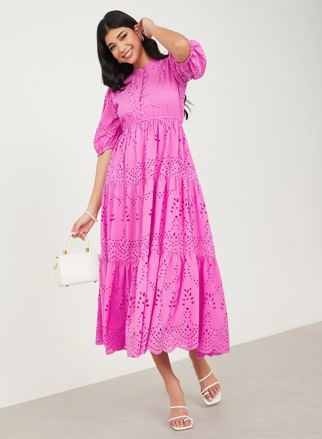 Styli Puff Sleeve Self Design A-Line Midi Dress