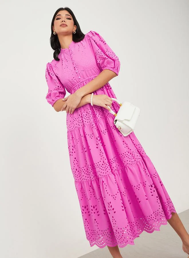 Styli Puff Sleeve Self Design A-Line Midi Dress