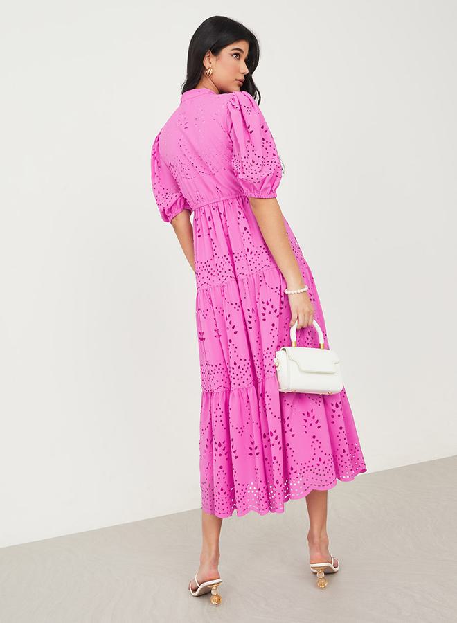 Styli Puff Sleeve Self Design A-Line Midi Dress  - Image 4