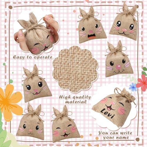 Wovnet 36 Pcs Easter Burlap Bags for Kids Bulk 4'' x 6'' Easter Treat Sacks Bags with Drawstring Rabbit Ear Cute Bunny Goodie Gift for DIY Project Basket Candy Party Favor Hunt Stuffer - Image 3