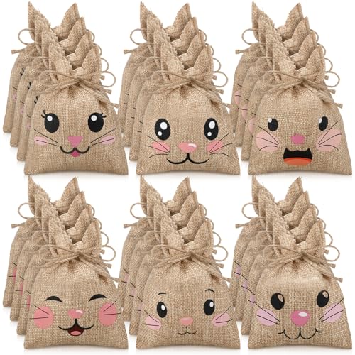 Wovnet 36 Pcs Easter Burlap Bags for Kids Bulk 4'' x 6'' Easter Treat Sacks Bags with Drawstring Rabbit Ear Cute Bunny Goodie Gift for DIY Project Basket Candy Party Favor Hunt Stuffer - Image 1