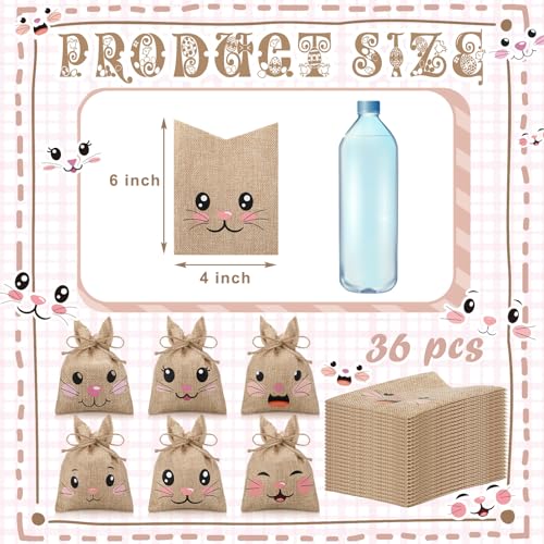 Wovnet 36 Pcs Easter Burlap Bags for Kids Bulk 4'' x 6'' Easter Treat Sacks Bags with Drawstring Rabbit Ear Cute Bunny Goodie Gift for DIY Project Basket Candy Party Favor Hunt Stuffer - Image 2