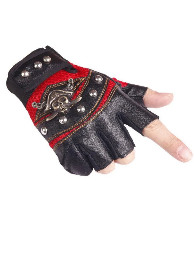 AROAQ Punk Skulls Rivet Pu Leather Gloves Men Women Fashion Hip Hop Gym Half Finger Gloves Summer Cycling Motorcycle Accessories Red - Image 1
