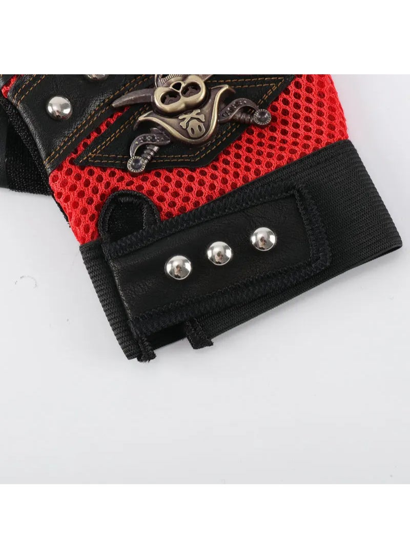 AROAQ Punk Skulls Rivet Pu Leather Gloves Men Women Fashion Hip Hop Gym Half Finger Gloves Summer Cycling Motorcycle Accessories Red - Image 4