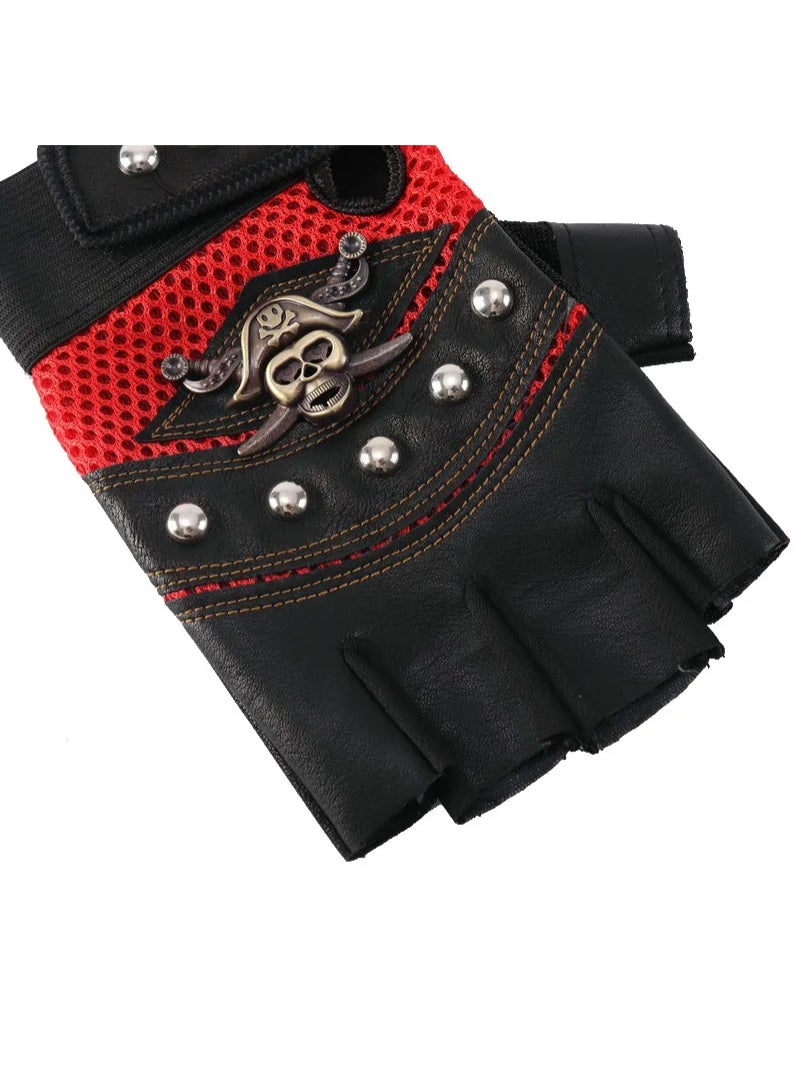 AROAQ Punk Skulls Rivet Pu Leather Gloves Men Women Fashion Hip Hop Gym Half Finger Gloves Summer Cycling Motorcycle Accessories Red - Image 3